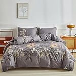 Duvet Cover King, Ultra Soft Microfiber Bed Set, Various Floral Patterns, 3 Piece Breathable King Duvet Cover Set with Zipper Closure, 4 Corner Ties, (104x90 Inch, Grayish Purple)