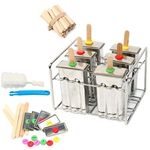 Yaekoo Set of 6 Stainless Steel Popsicle Mold and Rack Set - Homemade Ice Treat Makerwith 50 Wooden Sticks and 6 Silicone Seals and Bonus Cleaning Brush