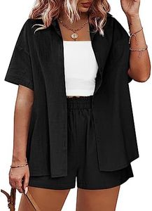 IN'VOLAND Women's Plus Size 2 Piece Outfits Summer Tracksuit Cotton Linen Shirt and Elastic Waist Shorts Summer Casual Tracksuits Black,18W