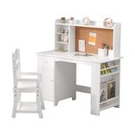 White Study Desk and Chair Set with Bookshelf, Bulletin Board, and Cabinets - Ideal for Boys and Girls Ages 3-8