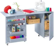 Best Choice Products Large Folding Sewing Table, Multipurpose Portable Craft Station & Side Desk w/Compact Design, Caster Wheels, Storage Shelves, 2 Storage Trays, Magnetic Doors - Light Blue