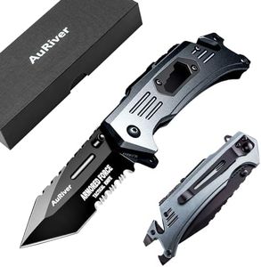 AuRiver Navaja Plegable, Cuchillo Plegable con Hoja de Recubierta de Titanio, Navaja de Bolsillo 6-en-1 con Rompecristales y Cortacinturones, Cuchillo de Supervivencia para Acampar