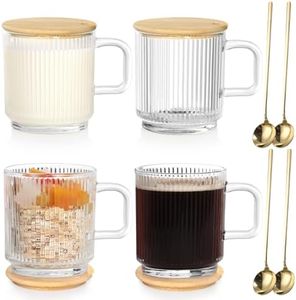 Anhow 4pcs Tasse a Cafe, 350ml Tasse à Café Expresso Verre Strié avec Cuillère et Couvercle Tasse de Petit-déjeuner pour Cappuccino/Latte/Céréales/Yaourt/Lait - Transparente