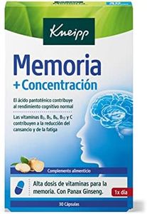 Kneipp Memoria Y Concentracion, Vitaminas para Reducir la Fatiga y el Cansancio, Ideal para situaciones de Estrés o Estudio, Vitaminas B1, B2, B5, B6, B12, C y Ginseng, 30 Cápsulas