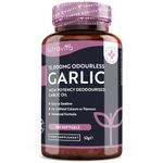 Premium Garlic Capsules - Odourless High Strength 15,000mg - 180 Soft Gel Capsules of Deodourised Cold Pressed Garlic Oil from Allium Sativum – 6 Month Supply - Made in The UK by Nutravita