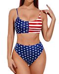 Tempt Me Women Athletic Bikini Set Two Piece Sporty Scoop Neck Swimsuits Crop Top Bathing Suit with Bottom, American Flag, Small