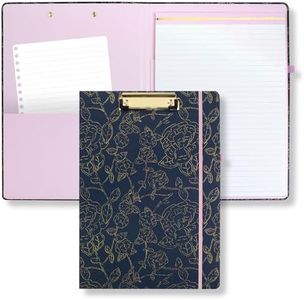 Steel Mill & Co Cute Clipboard Folio with Refillable Lined Notepad and Interior Storage Pocket, Stylish Metallic Gold Floral Padfolio for Work or School, Navy Floral