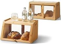Navaris Bamboo Bread Bin for Kitchen Countertop - Large Capacity Farmhouse Bread Storage Container for Bread, Spices, Coffee, Organizer for Cabinet with Clear Front & Back Doors