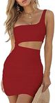 Zesoyne Womens Sexy 1 Shoulder Sleeveless Ruched Club Dress Bodycon Cut Out Mini Dress X-Small Red