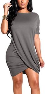 Ophestin Women's Short Sleeve Wrap Mini Dress Solid Color Summer Bodycon Tight Ruched T Shirt Mini Short Dresses Gray M