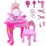 Princess Vanity Dressing Table & Stool Toy Kids Girls Role Pretend Play with Accessories - Mirror, Hair Dryer, Plastic Scissors, Hair Brush, Bracelets and More