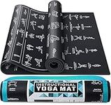 Instructional Yoga Mat with Poses Printed On It & Carrying Strap - 75 Illustrated Yoga Poses & 75 Stretches - Cute Yoga Mat For Women and Men - Non-Slip, 1/4" Extra-Thick Yoga Mat For Beginners