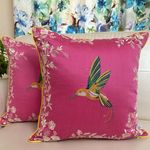 TARA- Sparkling Homes Embroidered Cushion Cover 18 inch x 18 inch Set of 2 in Cotton Silk- Hummingbird (18 x 18 Inches, Soft Pink)