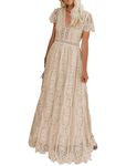 MEROKEETY Women's V Neck Short Sleeve Floral Lace Wedding Dress Bridesmaid Cocktail Party Maxi Dress, Apricot, X-Large