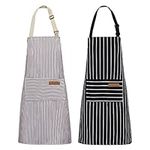 Riqiaqia 2 Pack Kitchen Aprons for Men Women Cooking Baking Painting Housework Apron with 2 Pockets, Black/Brown Stripes