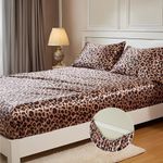 MR&HM Satin Fitted Sheet King Size, Silky Bottom Sheet with Elastic Corner Straps, Deep Pocket up to 15 Inch, No More Slipping Off for Mattress - 1 Fitted Sheet Only (Brown Leopard)