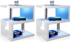 White High Gloss Bedside Tables Set of 2 with RGB LED Lights Small Side Table for Bedroom 2 Tier Shelf Nightstands Side Tables for Living Room Small Tables for Small Spaces Bedside Table Set