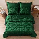 MR&HM Satin Comforter Queen 7 Pieces - Luxurious Pinch Pleat Bedding Set with Comforter, Flat Sheet, Fitted Sheet, Pillowcases & Shams, Super Silky Soft Bed Set for All Season (Queen, Dark Green)