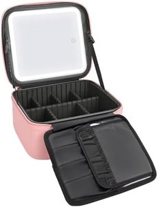 GBEX Travel Makeup Bag with Light Up Led Mirror Portable Cosmetic Train Case with Adjustable Dividers Makeup Organizer Bag Storage Box for Women 3 Color Lights (Pink)