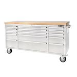 Ultimate Storage Stainless Steel Tool Chest on Wheels - 72″ - 15 Drawer Roller Cabinet with Hardwood Worktop, Full Extension Lockable Drawers, Heavy-Duty Castors - W 1,830 x D 467 x H 952mm