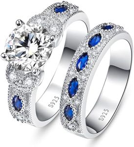 Yaresul 3.5ct Round Cut Cubic Zirconia Ring Wedding Ring Set Created Blue Sapphire Women's Bridal Rings Sets 925 Sterling Silver Ring Rhodium Plated Blue Engagement Ring Size 5-10, Created Sapphire