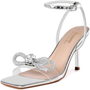 Susanny Silver Heels for Women Rhinestone Wedding Strappy Sandals Sparkly Clear Bow Kitten Heels Sexy Ankle Strap Bridal Party Dress Shoes 7
