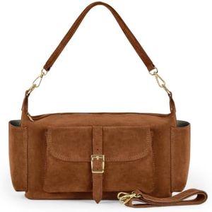 Italian Genuine Suede Shoulder Bag for Women with Outside Pockets & Dual Straps | Medium Rectangular Everyday Purse (Brown)