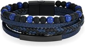 Raymard Mens Tiger Eye Black Obsidian Lava Rock Lapis Lazuli Stone Beaded Bracelet,Wrap Braided Leather Cuff Bangle Bracelet for Men,Stainless Steel Clasp, 8.3“, Faux Leather, no gemstone