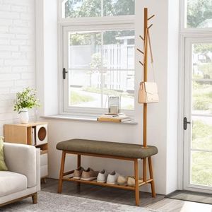 Bamworld Entryway Bench with Coat Rack Shoe Bench for Entryway Bench with Storage Bamboo 3-in-1 Design