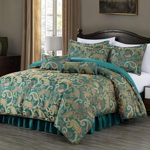 Chezmoi Collection Adelle 7-Piece Paisley Jacquard Embroidered Comforter Bedding Set, Oversized King, Teal