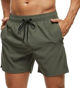 SILKWORLD Mens Swim Trunks Quick Dry Beach Shorts with Zipper Pockets,MQ18_Zip_Army Green,Medium