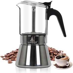 LAOION Stovetop Espresso Maker and Coffee Maker, Classic Moka Pot, Crystal Glass-top & Stainless Steel Coffee Maker Mocha Pot, Greca De Cafe, Cuban and Italian Coffee Maker for Cafetera Cubana (240ml)