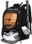 MATEIN Baseball Bag, Large Softball Bag with Shoe Compartment, Bat Bags for Men and Adult, Baseball Backpack with Fence Hook Hold TBall Bat, Batting Mitten, Helmet, Teeball Gear, Black