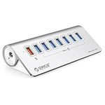 ORICO USB Hub 3.0 Powered 7 Ports Aluminum USB Hub Splitter [5Gbps] with 7 USB 3.0 Data Ports + 1 Fast Charging Ports 18W, 12V 3A Power Adapter with 1.64Ft Cable