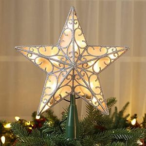 ODEETRONIC Star Christmas Tree Topper, 9.5in UL Certified 3D Star Tree Topper Lights, Double Sided Christmas Tree-top with 10 Count Incandescent Warm White Lights for Xmas Tree New Year Home, Silver