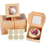 Shine Decor 50 Pack Cake Boxes for Cake Portion, 4 x 4 x 2.24 inch Brown Cupcake Boxes with 60 Stickers, Individual Bakery Cake Boxes with Window, Cookie, Chocolate and Sweet Boxes Empty