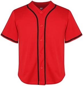 Kids Baseball Jersey Boys Button Down Short Sleeve Solid Color T-Shirt for School, PE, League Team Uniform, Red, Small