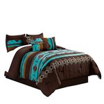 WPM 7 Piece Western Southwestern Native American Design Comforter Set Multicolor Teal/Coffee Brown Embroidered Bed in a Bag Navajo Bedding Set- Makala (King)