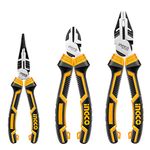 INGCO 3Pcs High Leverage Pliers Set, 8" Combination Pliers and 7" Diagonal Cutting Pliers and 6" Long Nose Pliers HKHLPS2831