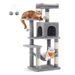 Feandrea Cat Tree, 112 cm Cat Tower for Indoor Cats, Multi-Level Plush Cat Condo with 4 Scratching Posts, 2 Perches, Cave, Hammock, Pompoms, Light Grey PCT261Ｗ01