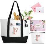 Floral Ini-tial Large Tote Bag for Women, Can-vas Beach Bag w Makeup Bag, Personalized Friend 50th Birthday Bridesmaid Bridal Shower Mothers Day Gifts w Inner Pocket, Top Zi-pper, Gift Box, Card F