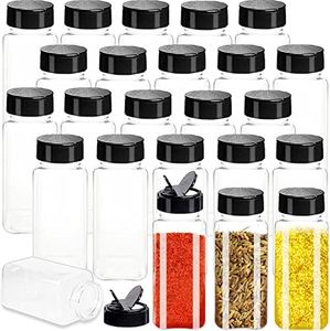 24 Pack Plastic Spice Jars,3.5oz Square Clear Seasoning Storage Containers with Black Lids,Portable Empty Organizer Bottles for Spice,Powder,Kitchen Cabinet