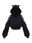 Loalirando Women's Cute Cat Ear Crop Top Oversized Hoodie Off Shoulder Hollow Out Long Sleeve Black Punk Gothic Sweatshirts (Black, Medium)