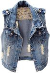 Kedera Womens Denim Jean Vest Classic Junior Button Up Cropped Distressed Sleeveless Jean Jacket, Blue, Large