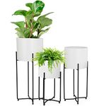 Mid Century White Planter with Black Plant Stand, 3 pcs Modern Planters for Indoor Plants, Metal Floor Planter Set with Foldable Stand Indoor Outdoor (Pack of 3)