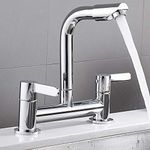 Kitchen Sink Taps 2 Hole 1/4 Turn Dual Lever Deck Mounted Hot & Cold Mixer Faucet Swivel Spout Taps (Chrome)