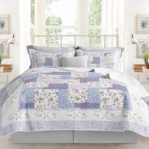 Purple Bedding Sets King - Reversible Microfiber Farmhouse Quilts with 2 Shams Soft Lightweight Bedding Flower Bedspread Coverlet Summer Comforter Set, 96''x106'', Purple Quilt King Size