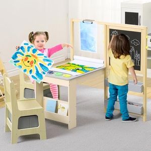 GarveeLife Easel for Kids, Kids Art Table and 2 Chairs,Wooden Art Center with Double-Sided Blackboard & Whiteboard, Paper Roll for Drawing, Crafts, Writing, Toddler Activity Table with Storage