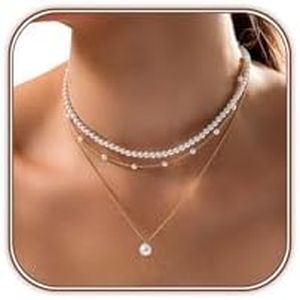 Zeffy Layered Gold Pearl Necklaces for Women 14K Gold Plated Dainty Layered Tiny Single Pearl Choker Trendy Cute Gold Necklace Stack Wedding Jewelry Sets for Women Bridesmaid Gifts