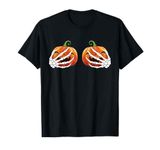 Funny Halloween Skeleton Hands Holding Cute Pumpkins Boobs T-Shirt